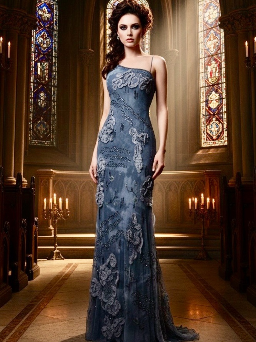Elegant Blue grey hand, beaded Embroidered Evening Gown - Women Dresses stretch